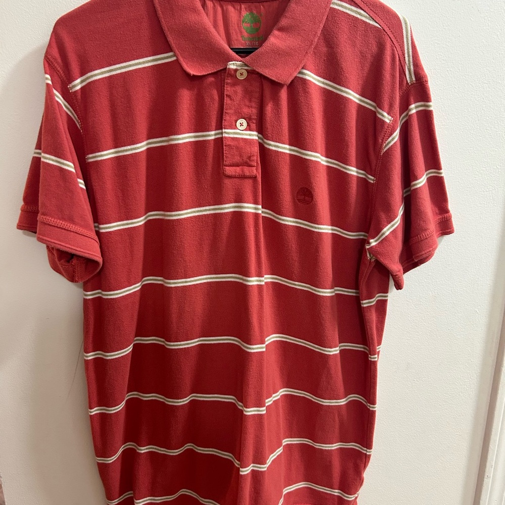 Timberland Polo Shirt Men's Size Large Salmon Pink Striped Shirt